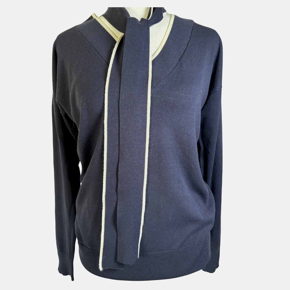 Ann Taylor Navy Size S Blue V-Neck Sweater with Cream Trim and Detachable Bow